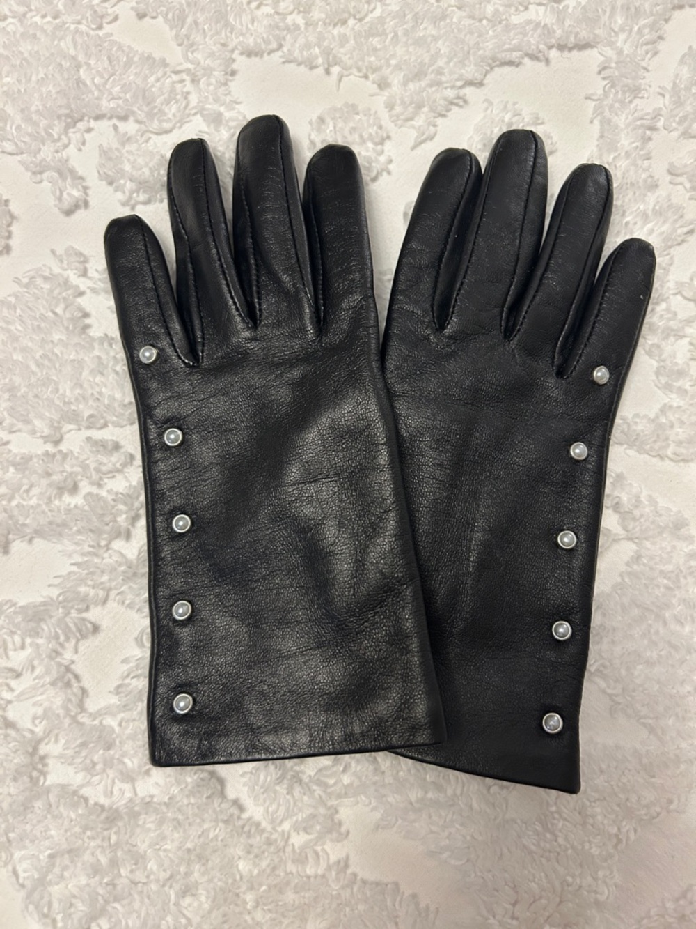 Charter Club Black Leather Gloves with Pearl Snap Detail